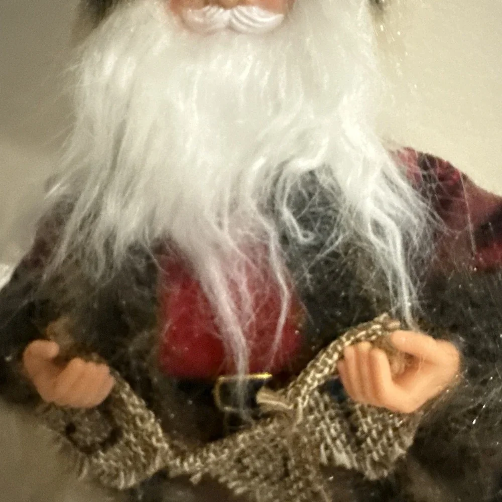 16‎ inch Tall Standing Santa Claus Holding JOY sign Red Plaid Coat Fur Accents